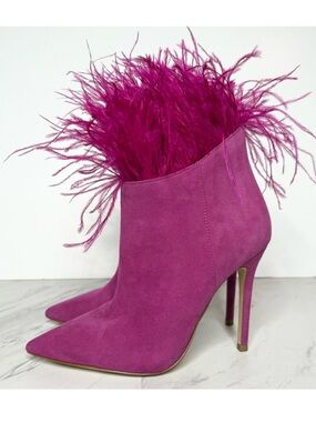 Michael Kors Whitby Feather Trim Pink Suede Pointy Toe Bootie 6M